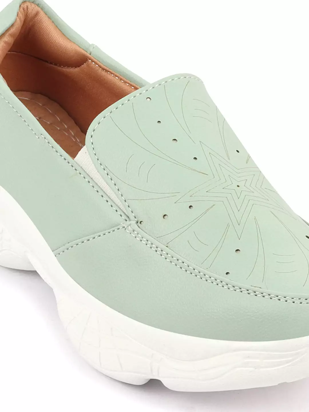 Women Pista Green Printed Design Stitched Comfort Slip On Sneaker Shoes