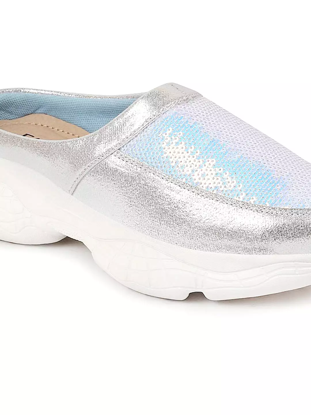 Women Silver Back Open Embellished Slip On Mules