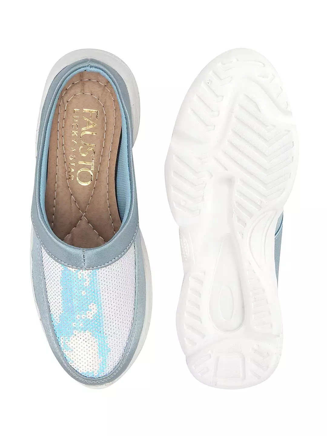 Women Sky Blue Back Open Embellished Slip On Mules