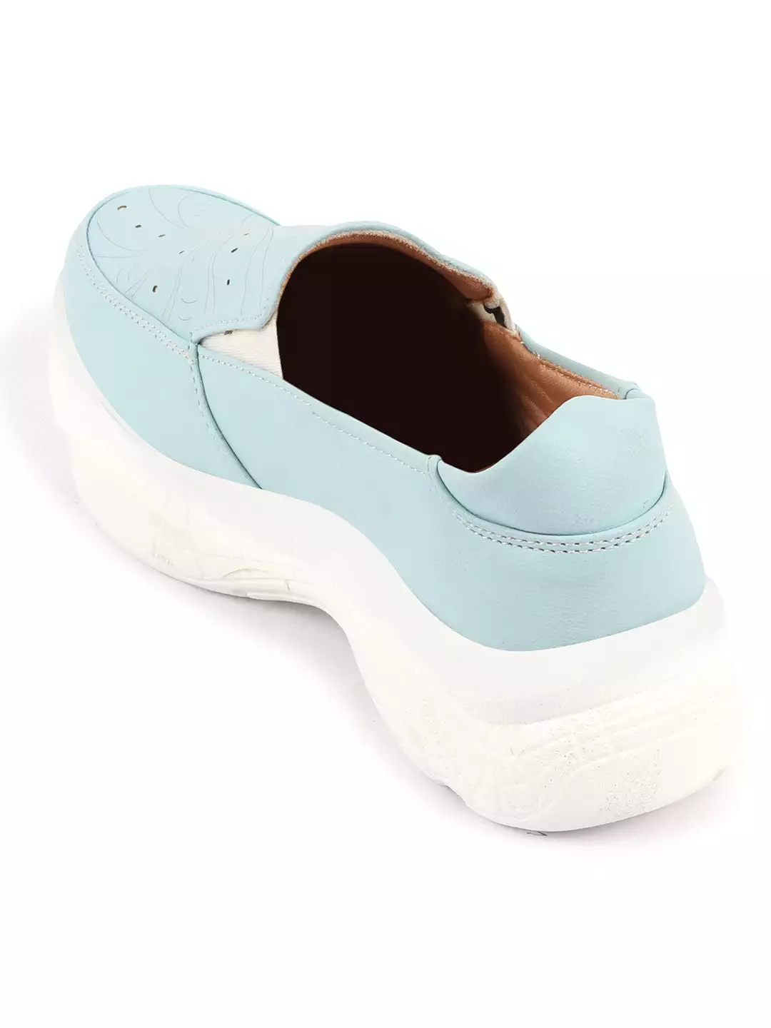 Women Sky Blue Printed Design Stitched Comfort Slip On Sneaker Shoes