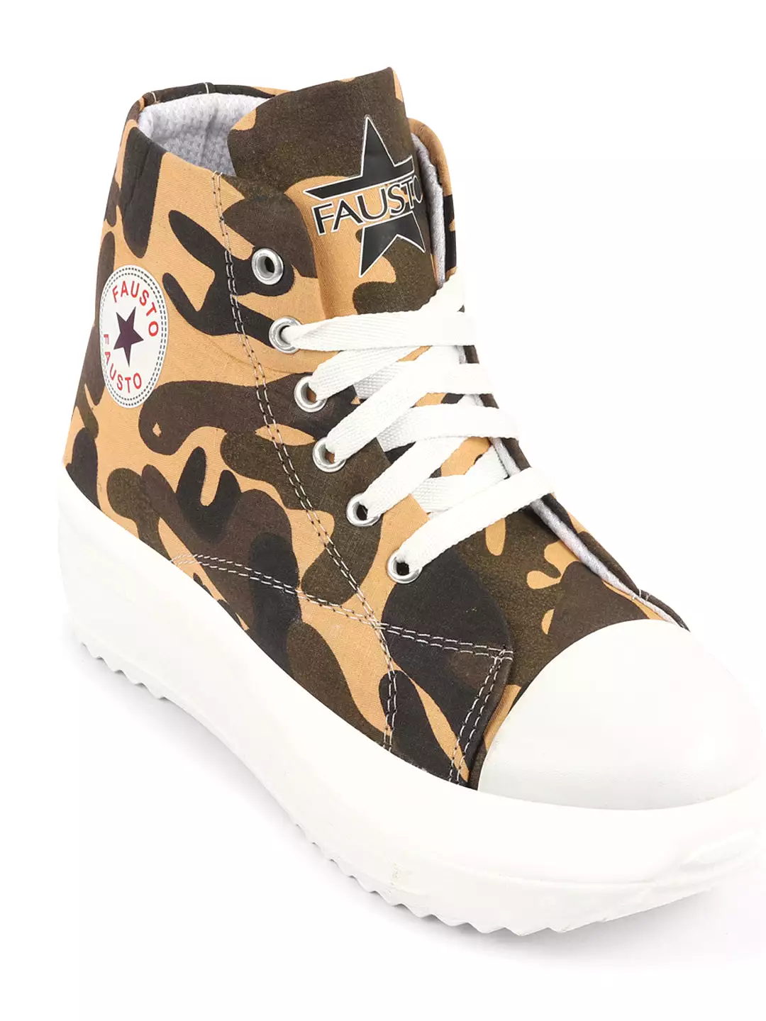 Women Tan High Ankle Top Wedge Heels Camouflage Print Canvas Lace Up Sneakers Shoes