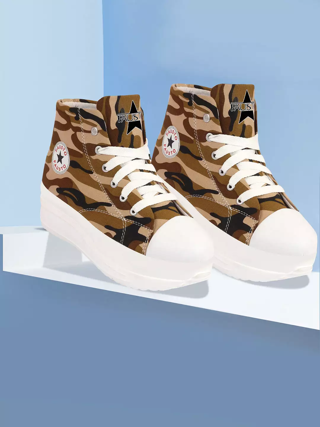 Women Teek High Ankle Top Wedge Heels Camouflage Print Canvas Lace Up Sneakers Shoes