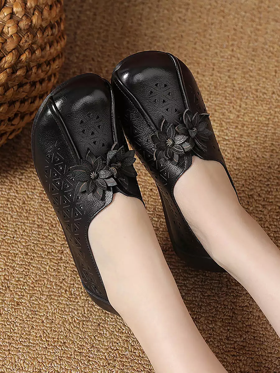 Women Vintage Leather Flower Cutout Flat Shoes KL1034