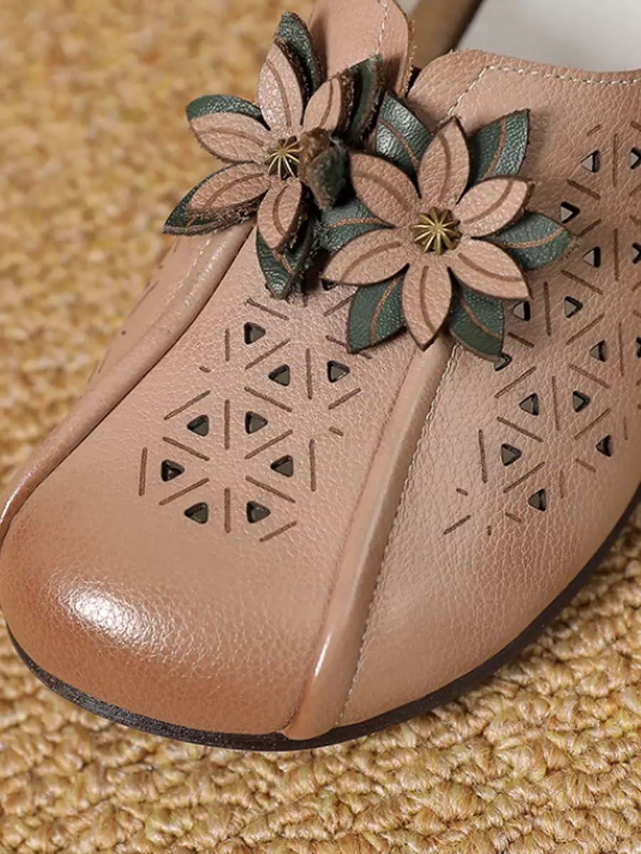 Women Vintage Leather Flower Cutout Flat Shoes KL1034