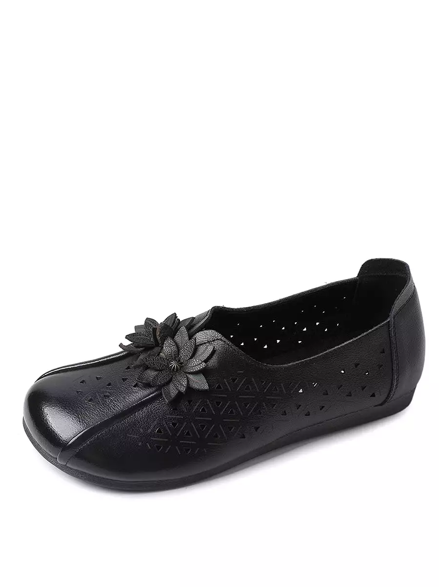 Women Vintage Leather Flower Cutout Flat Shoes PA1026