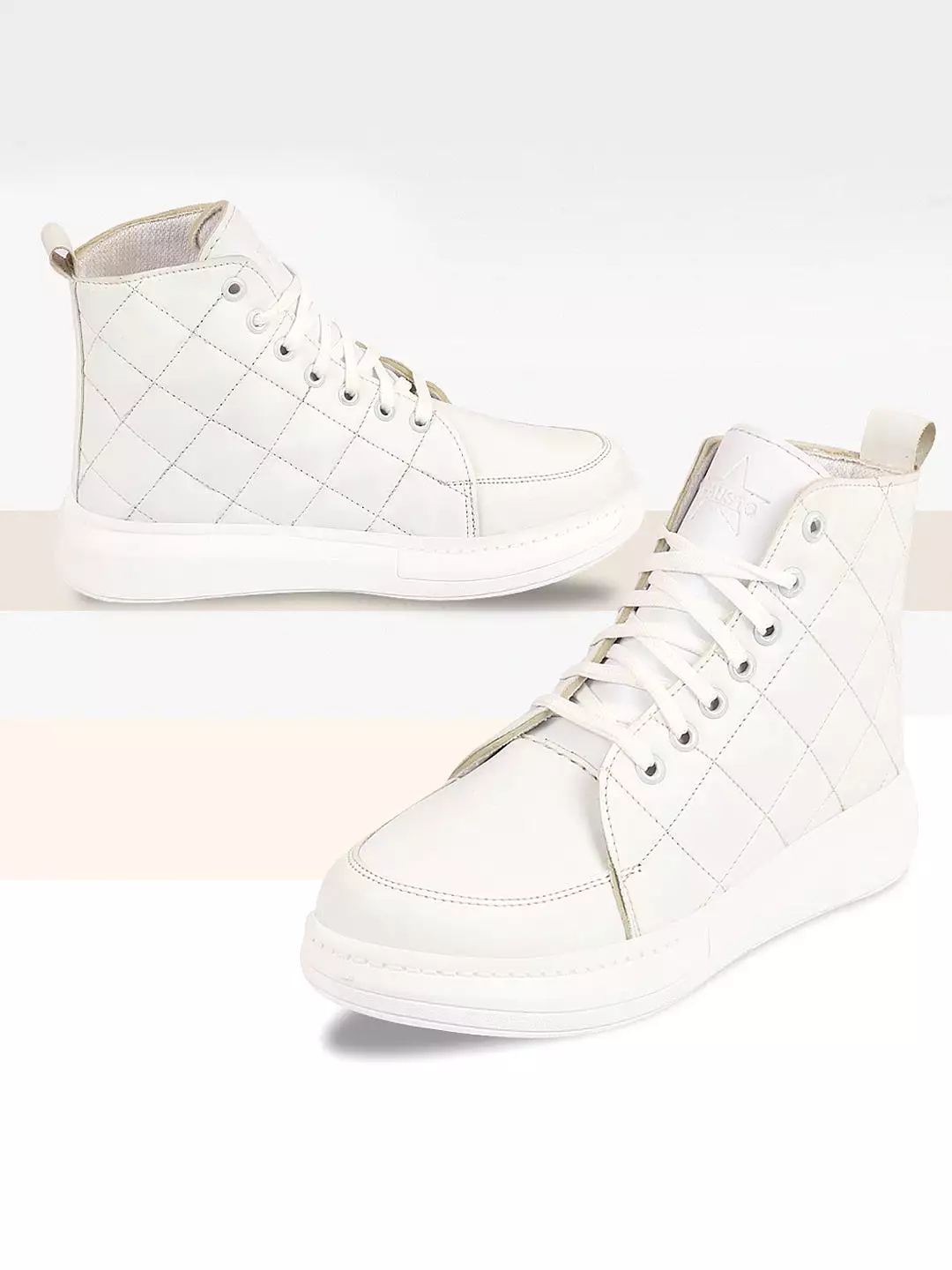 Women White High Ankle Top Wedge Heels Stitched Design Lace Up Sneakers Shoes