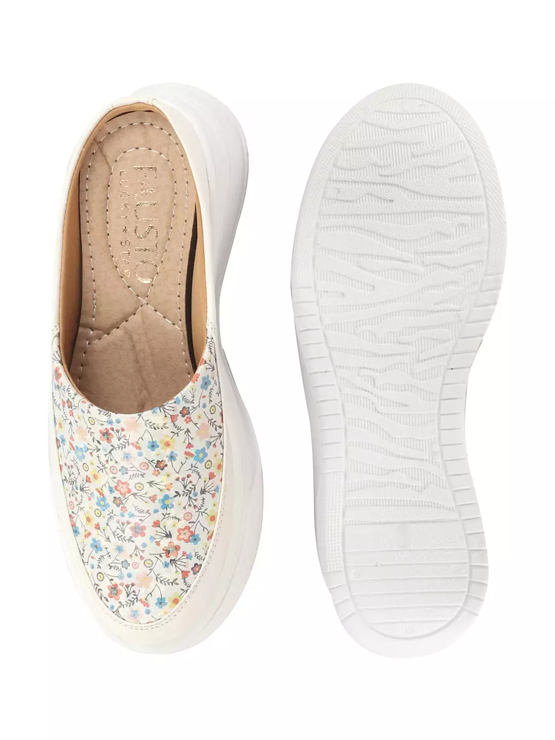 Women White Stiched Floral Print Back Open Height Enhancer Flatform Heel Slip On Casual Shoes