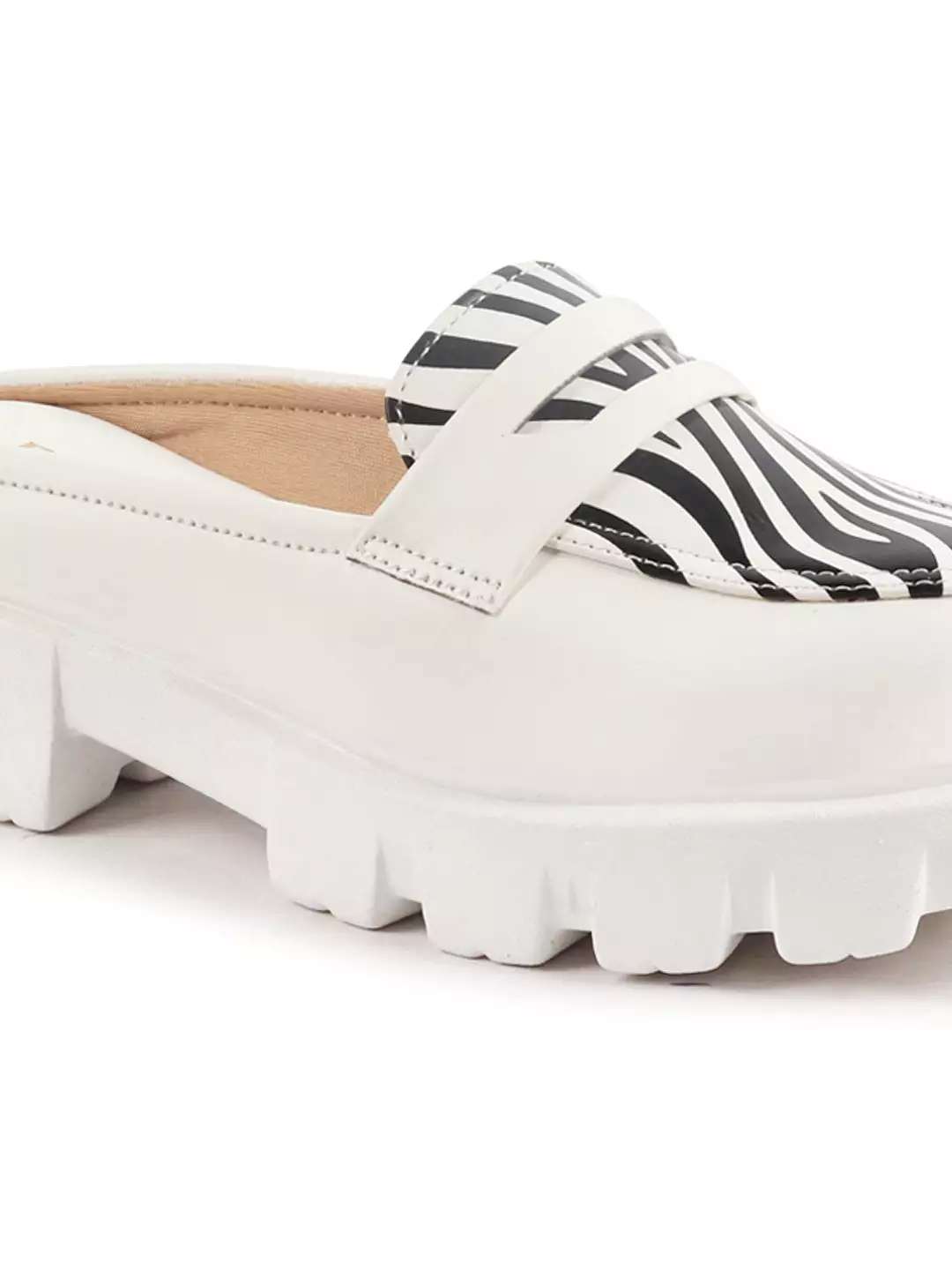 Women White Stiched Zebra Striped Print Back Open Party Slip On Casual Shoes