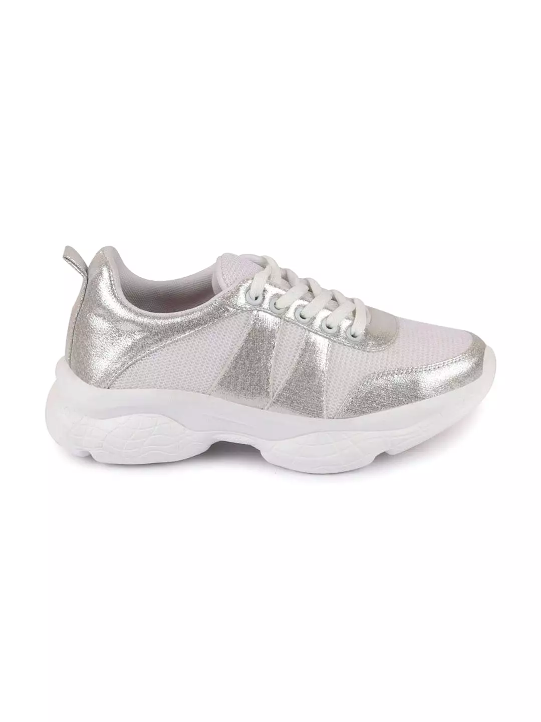 Women White/Silver Lace Up Sneakers