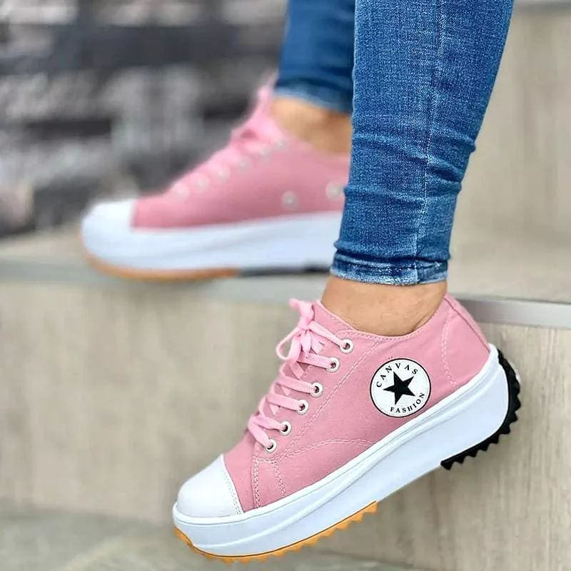 Women's Fashion Canvas Color-Blocking Lace-up Platform Heel Sneakers